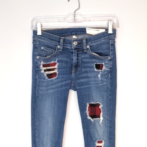 Rag & Bone The Skinny Sloane Plaid Repair Distressed Jeans Red Black Low Rise 24 - Picture 3 of 16